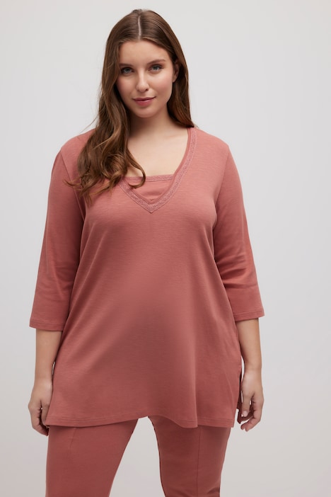 Longshirt, Spitze, V-Ausschnitt, 3/4-Arm, Biobaumwolle