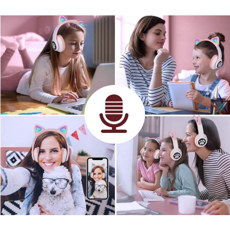 Fones de ouvido sem fio Smartek com orelhas de gato e luz LED Bluetooth.