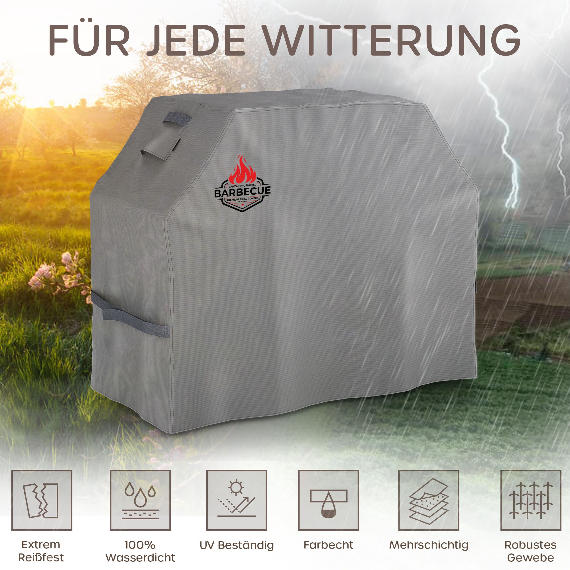 SANZARO BBQ Grill Abdeckplane Wasserdicht – 600D Oxford mit RipStop-Textilgewebe, Abdeckhaube für Weber Brinkmann Char Broil, Cover Grill Abdeckung Winterfest Schutzhülle Grillschutz - 183x71x117cm | Grau 183 x 71 x 117 cm (BxTxH)