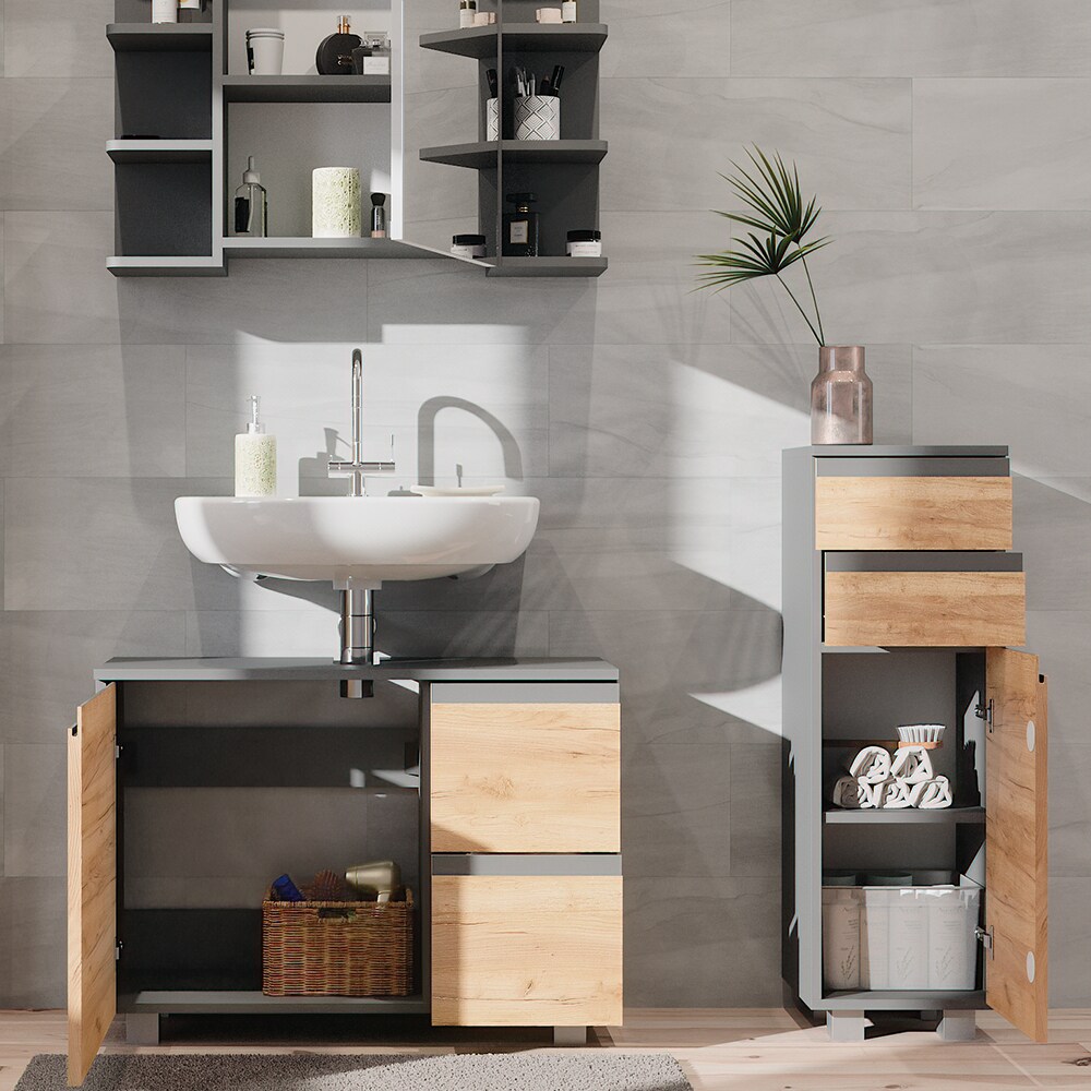 Vicco Badmöbelset J-shape Anthrazit Eiche modern Badezimmer Schrank Badschrank Waschtischunterschrank Spiegelschrank Midischrank Schranktür Schrankschublade Schrankfach Ablage Aufbewahrung