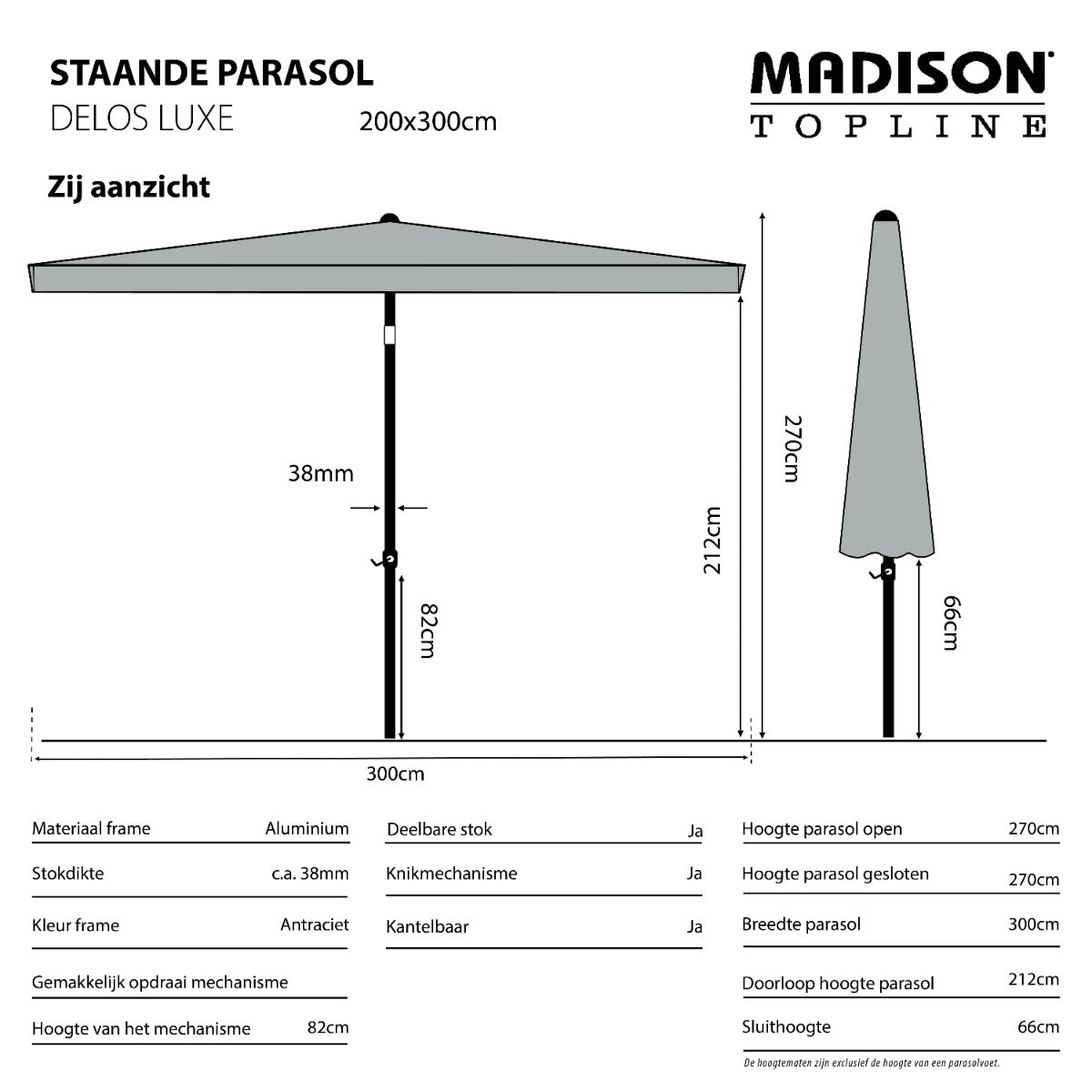 Madison stokparasol Delos luxe Sage Green 200x300 cm.
