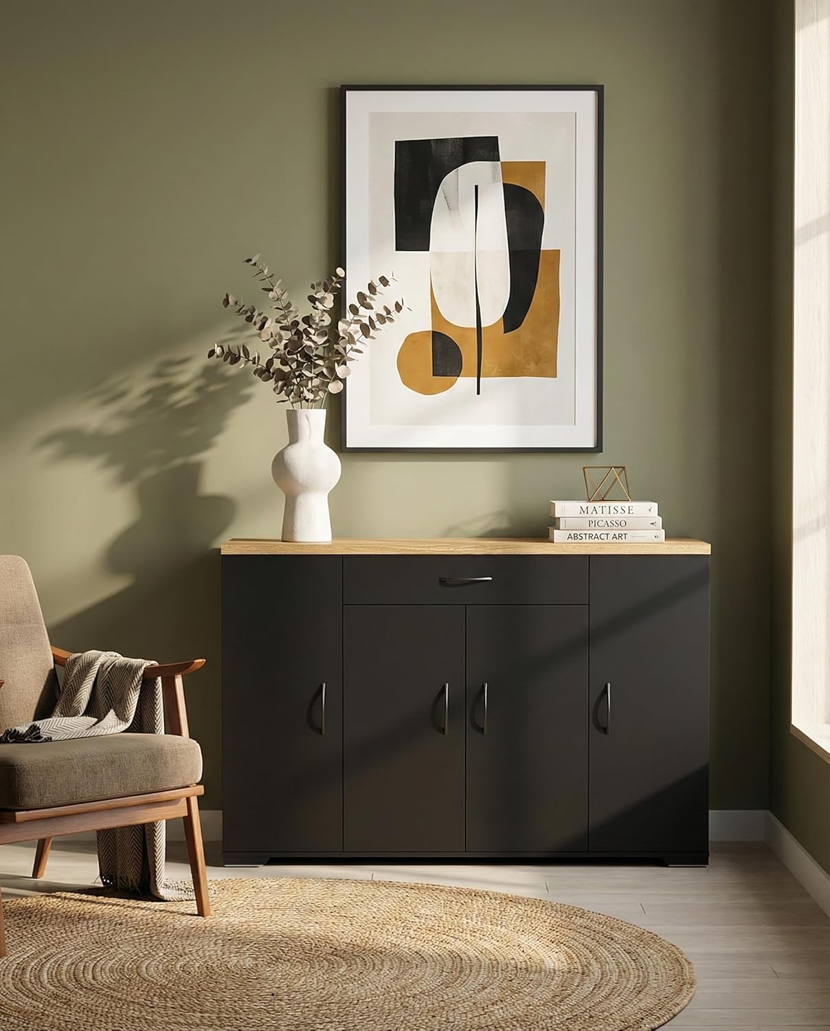 Schwarze Kommode mit 1 Schublade & 4 Türen - Schlafzimmer Sideboard mit Eichendekor-Arbeitsplatte für Wohnzimmer/Flur, Aufbewahrungsmöbel Modern