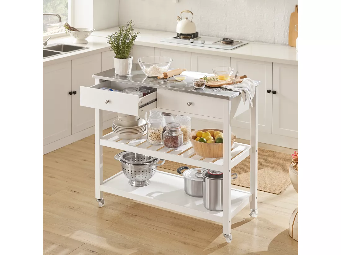 Desserte roulante Chariot de cuisine de 2 étages avec grand plan de travail en Acier Inox, FKW47-W