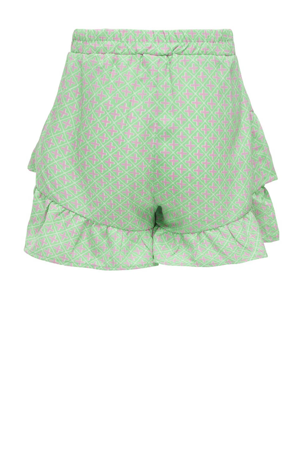 ONLY skort KOGBEATE met all over print en ruches frisgroen/lila
