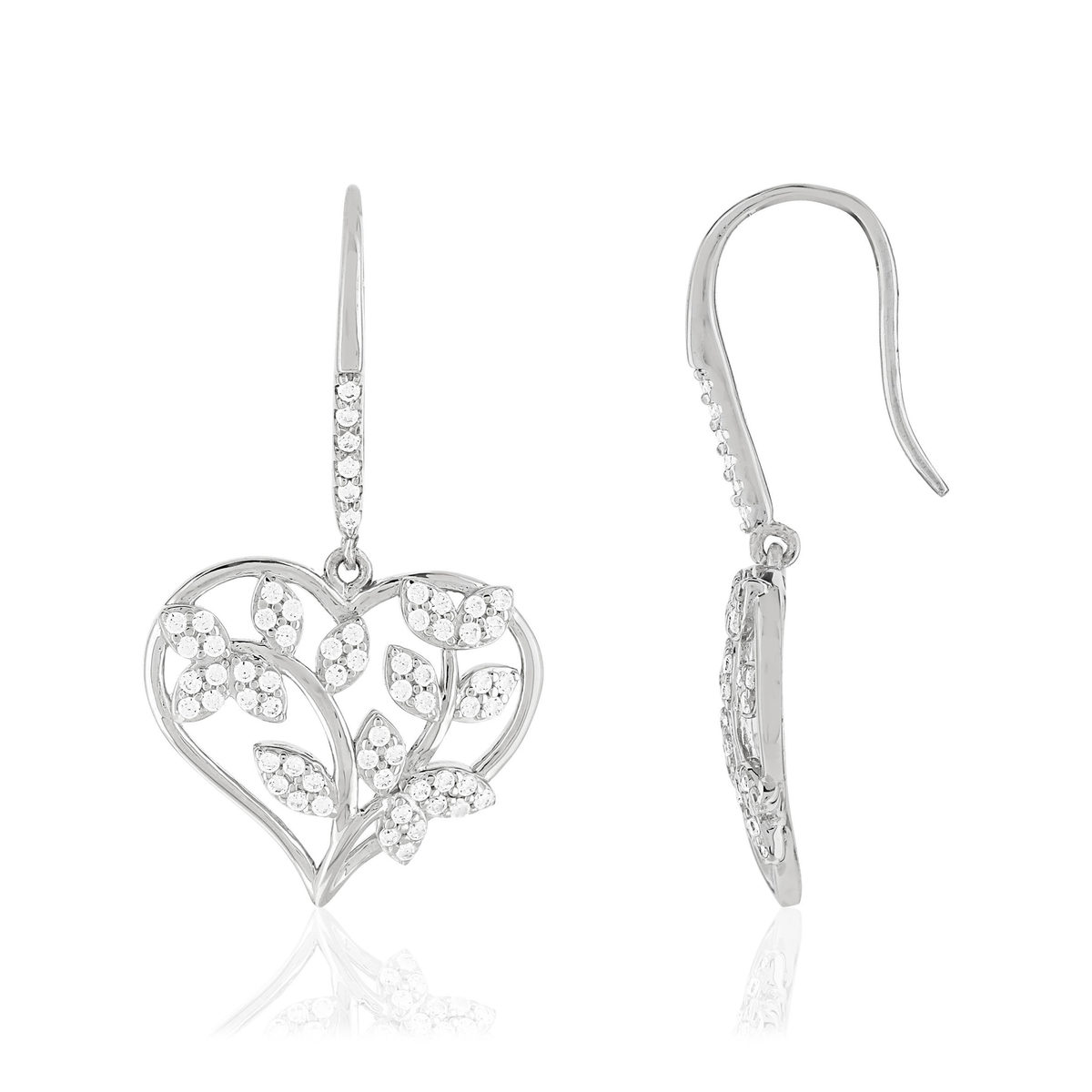 Boucles d'oreilles argent 925 pendants coeurs feuillage zirconias