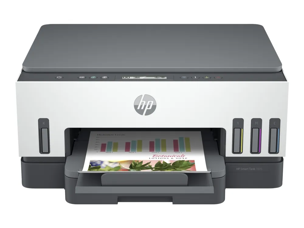 HP Smart Tank 7005 All-in-One - Multifunktionsprinter - farve - blækprinter - kan genopfyldes - Letter A (216 x 279 mm)/A4 (210 x 297 mm) (original) - A4/Legal (medie) - op til 15 spm (udskriver) - 250 ark - USB 2.0, Wi-Fi(ac), Bluetooth