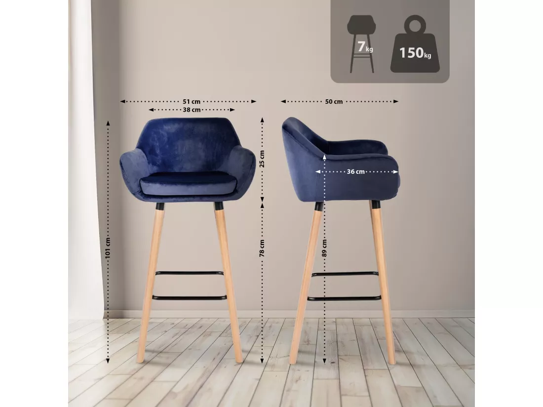 Lot de 2 Tabouret de bar - Velours - Bleu foncé - Grant