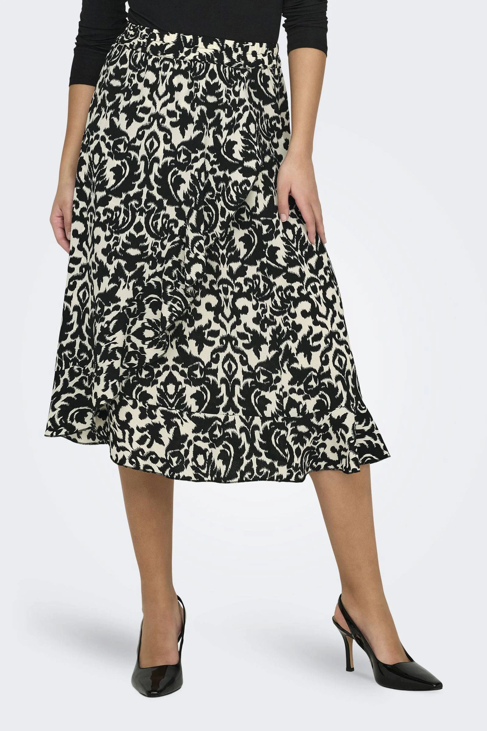 ONLY midi rok ONLCARLY met all over print en volant