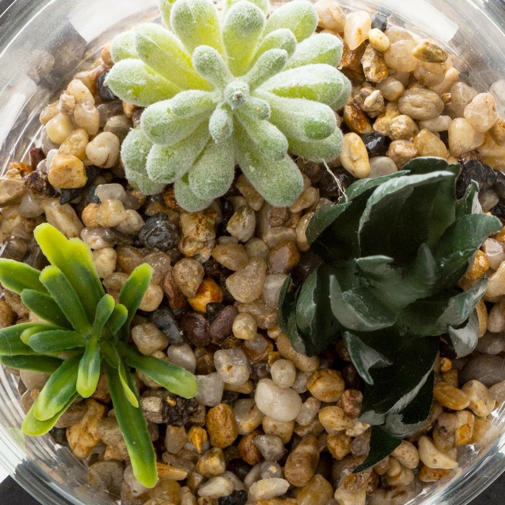 Plante artificielle pot en verre sur support en bois h 12 cm