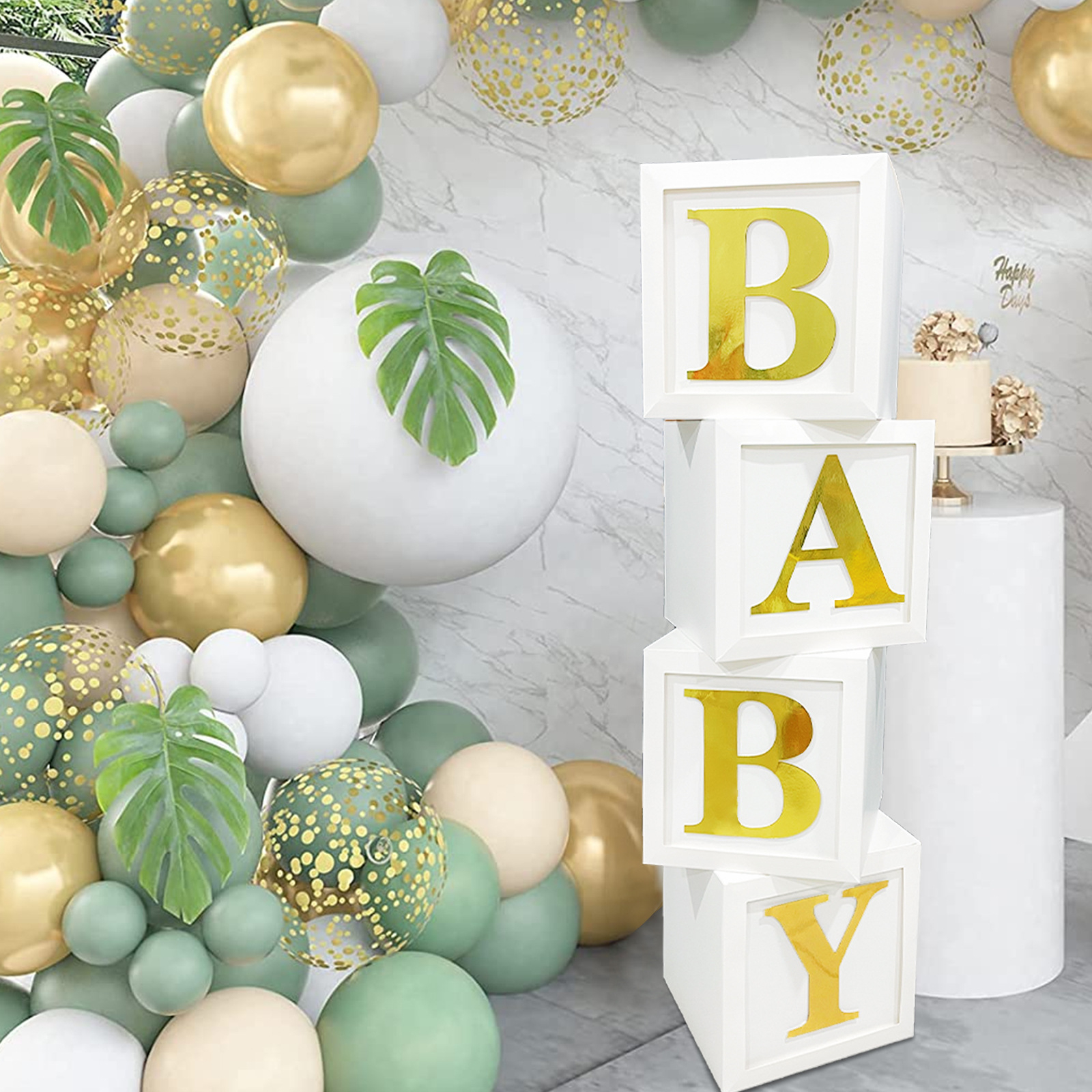 (4er Set) Baby Buchstaben Boxen Party Deko Accessoire Faltbare Papier Kisten Baby Shower / Gender Reveal - Weiss / Gold