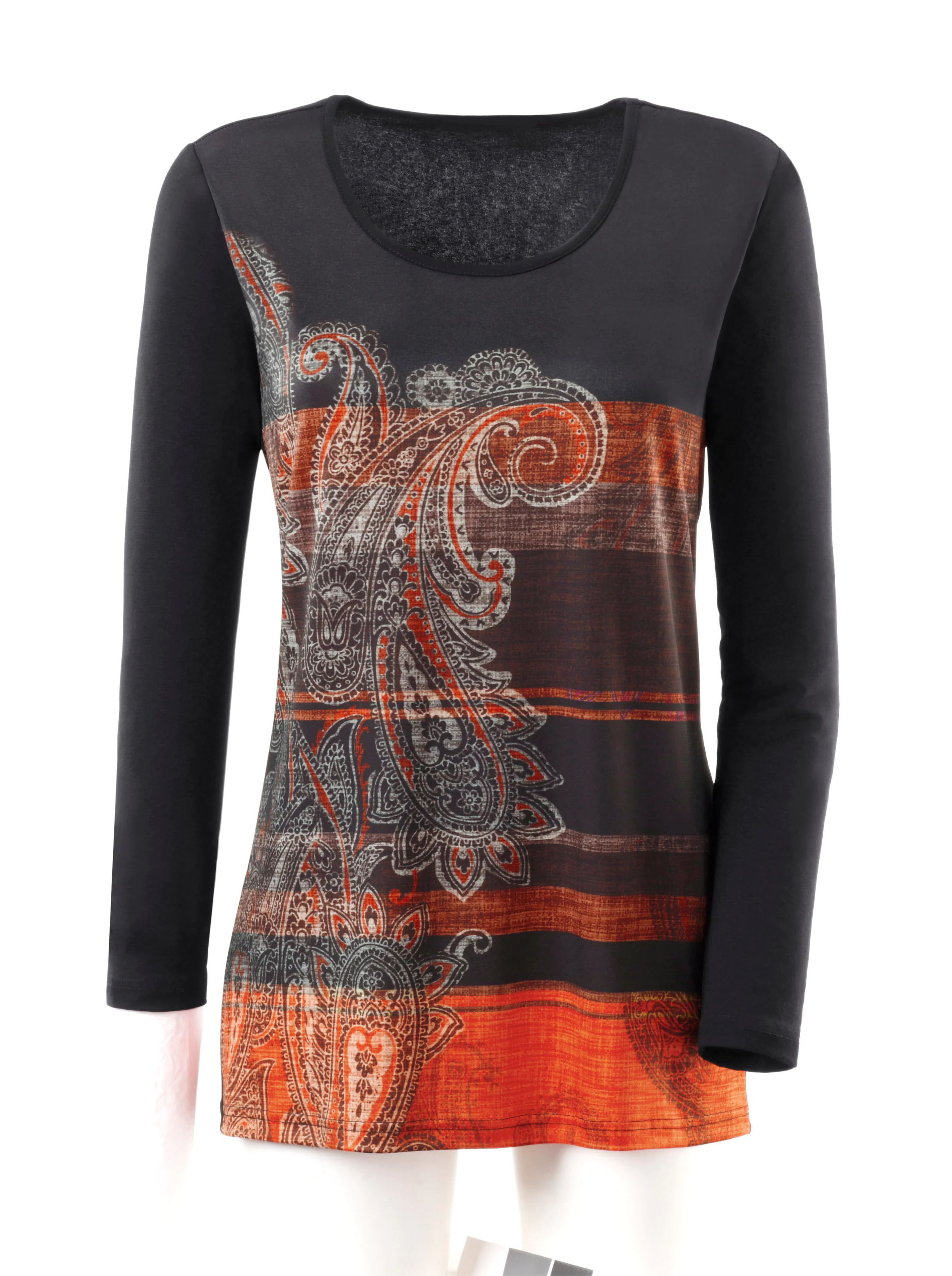 Longshirt in schwarz-orange-gemustert