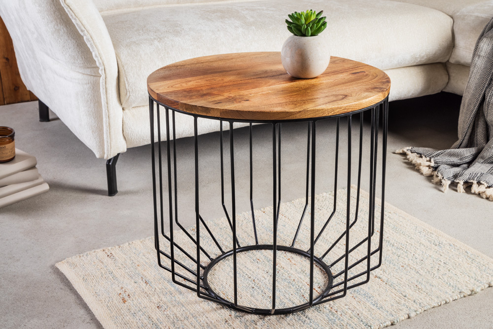 Runder Couchtisch FACTORY LOFT 50cm natur Mangoholz schwarzes Metallgestell handmade