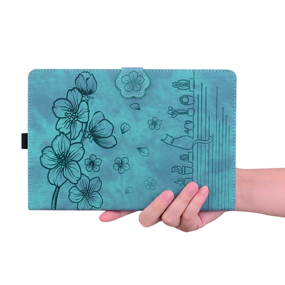 Samsung Galaxy Tab S11 Ultra Leder Tasche Flip Cover Blumen Imprint   S-Pen Halterung - Hellblau