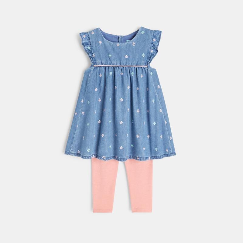Robe fleurie denim et legging bleue bébé fille Bleu