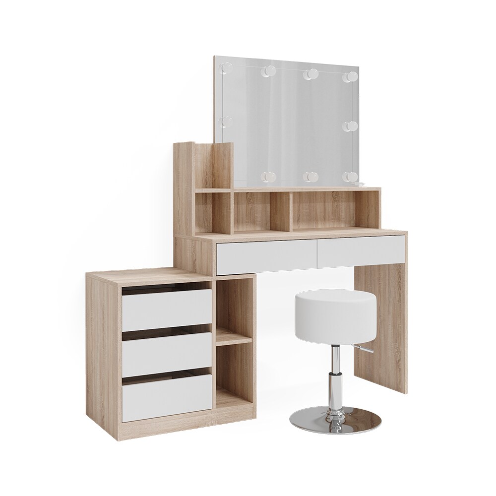 Vicco Schminktisch Anja 139,8 x 115 cm Sonoma Weiß Spiegel Hocker LED modern