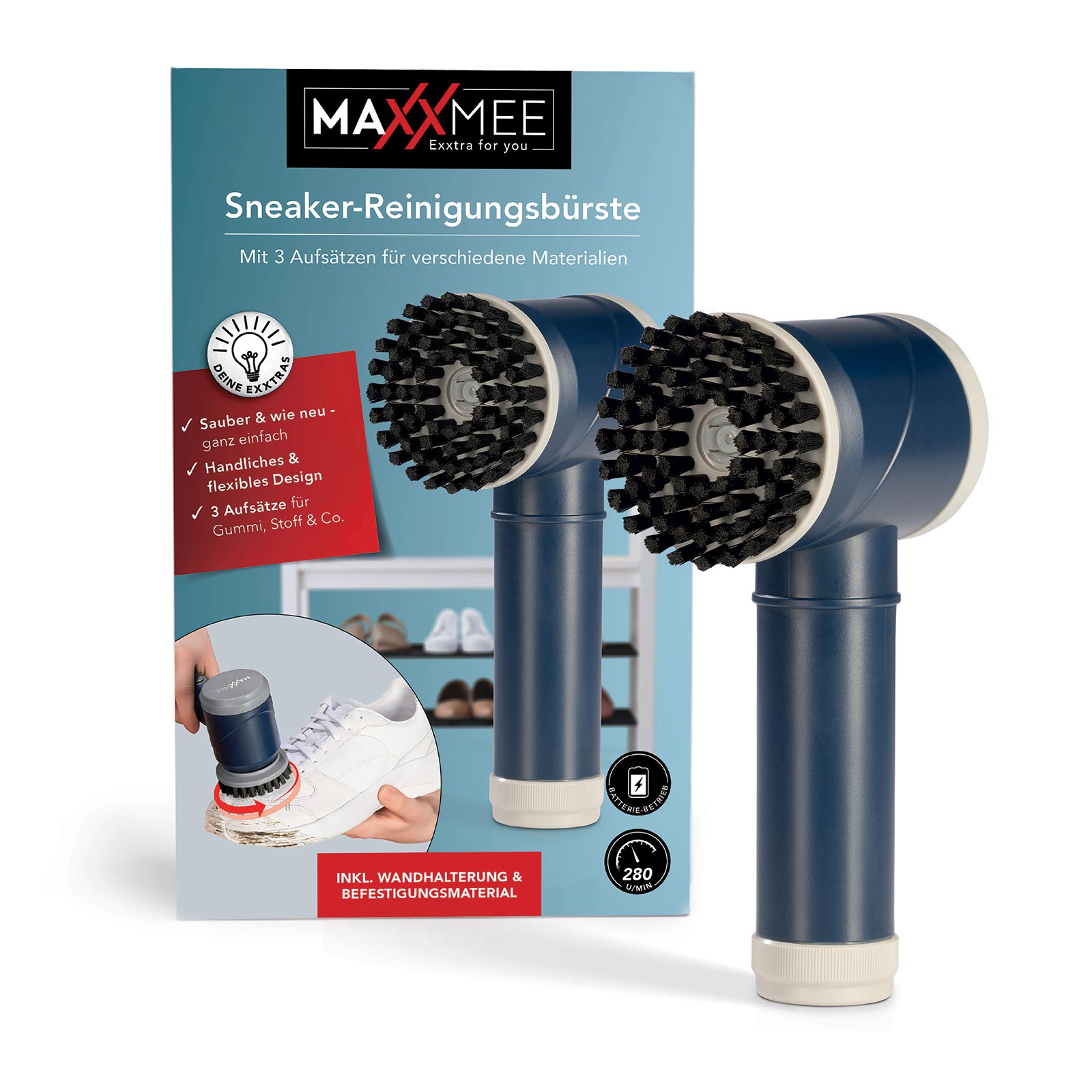MAXXMEE elektrische Schuhbürste - Sneaker Cleaner - blau - 3 Aufsätze
