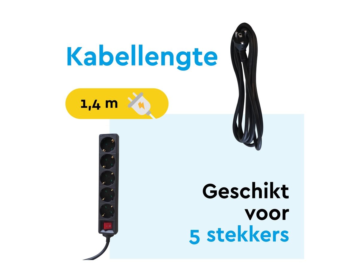 BRASQ 1,4 meter 5-voudige stekkerdoos met schakelaar - Black