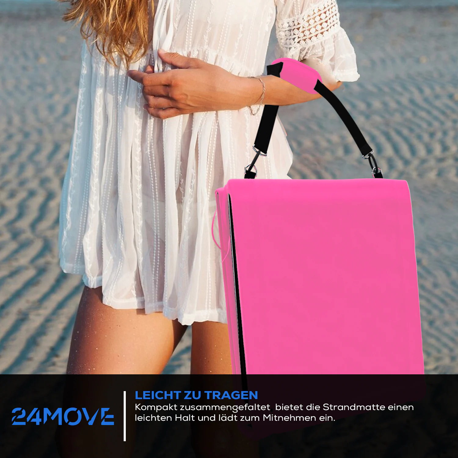 24MOVE® Strandmatte 2er Set klappbar mit Rückenlehne, Strandliege mit Gurt, tragbar für Strand und Garten, Liegematte rosa