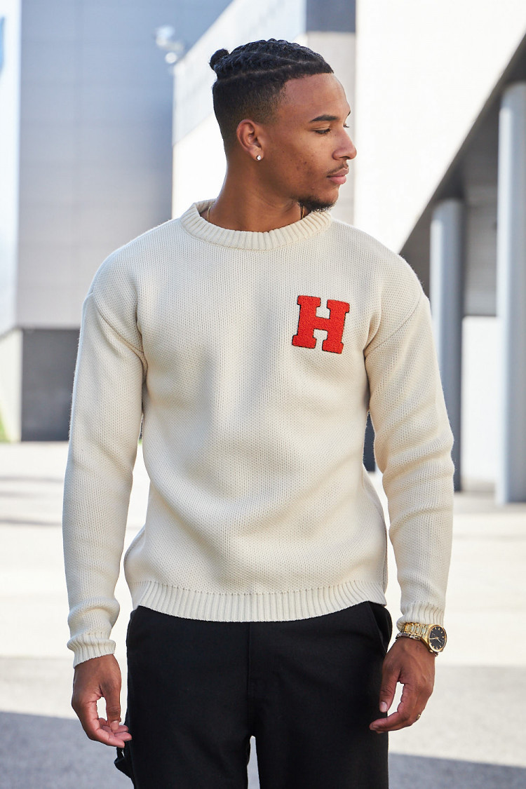 Pull beige en maille à logo 