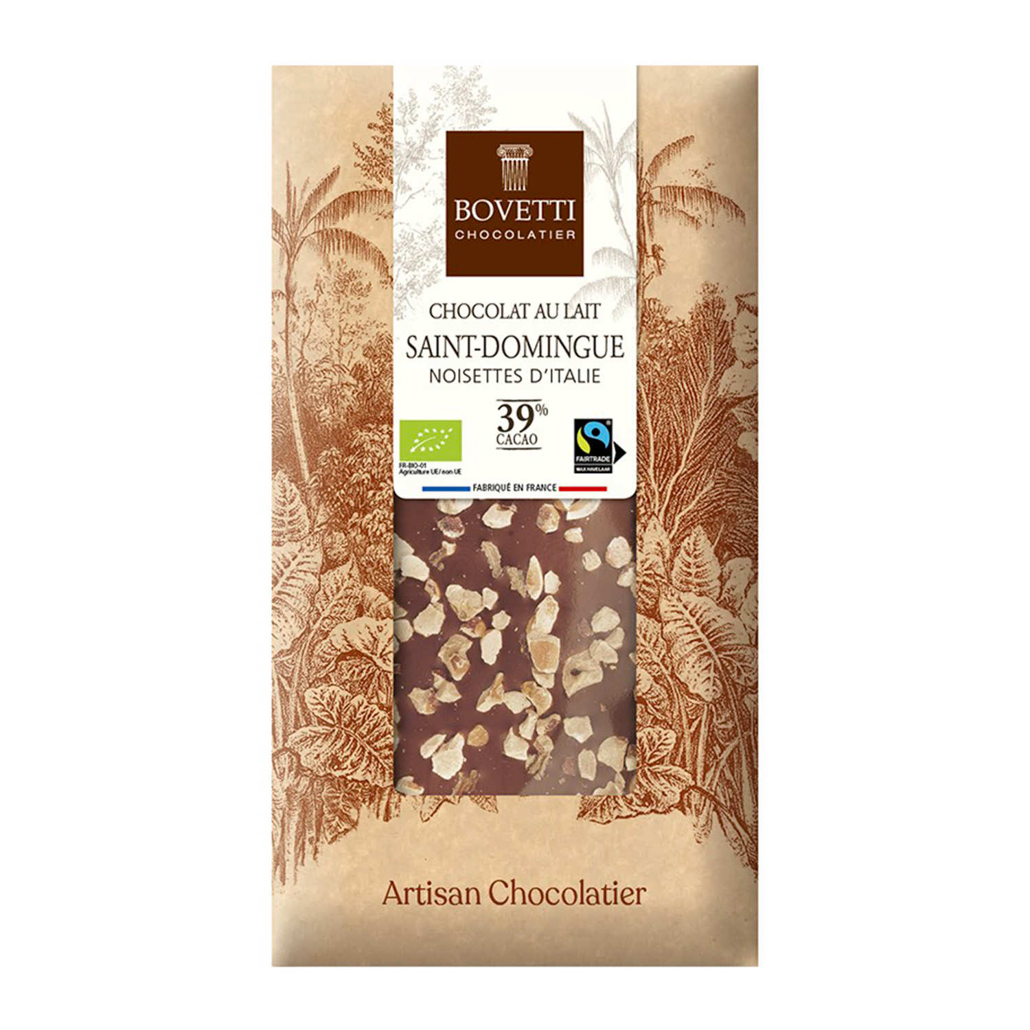 Tablette chocolat au lait 39 % et noisettes d'Italie - Bio