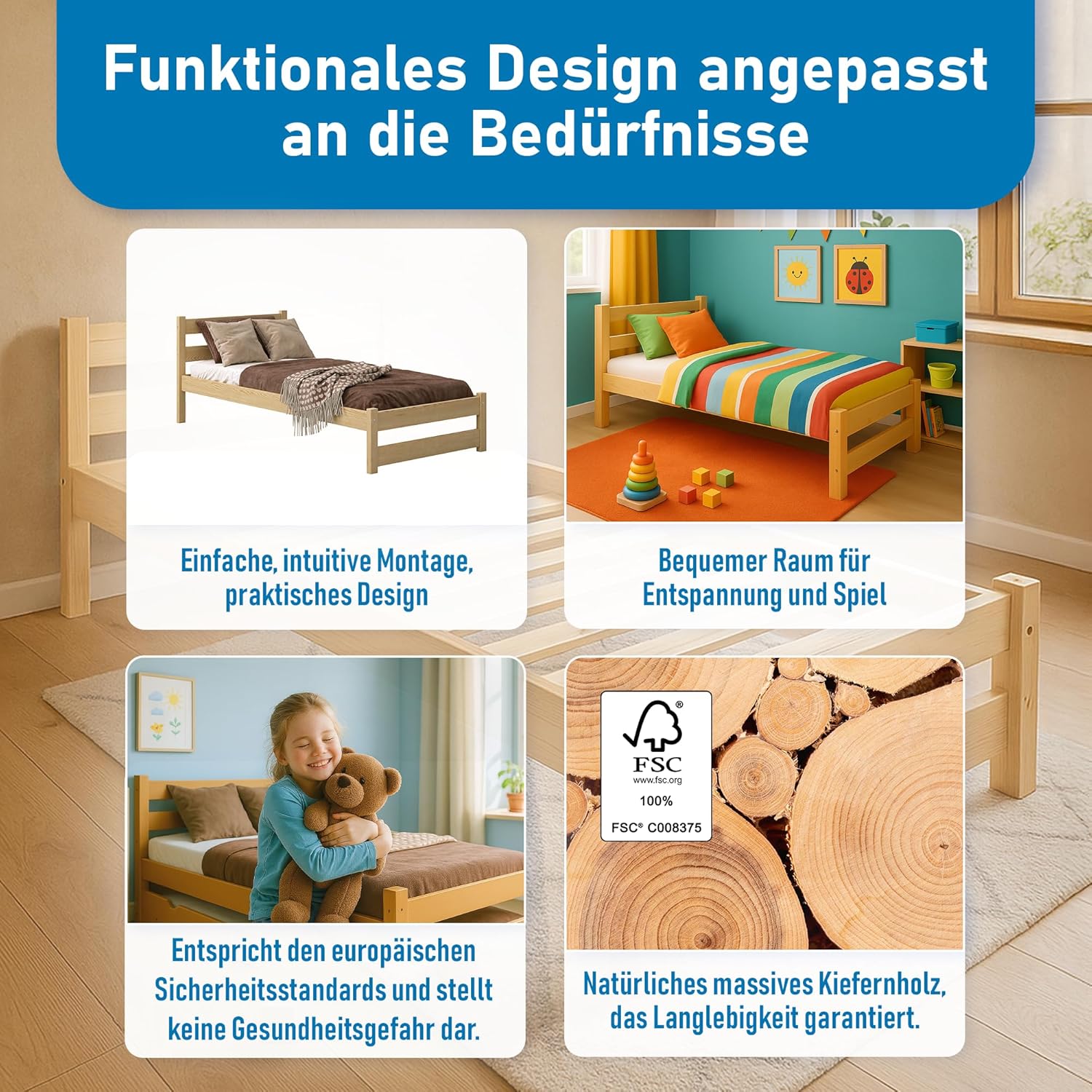 Kinderbett 80x160 cm mit Lattenrost - Einzelbett aus Kiefer Massivholz - Kinder Bett Montessori – Jugendbett Unlackiert – Tagesbett ohne Matratze