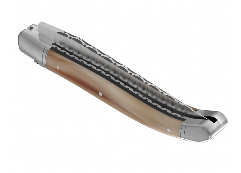Couteau Laguiole prestige avec un manche en pointe de corne blonde et mitres en acier inoxydable