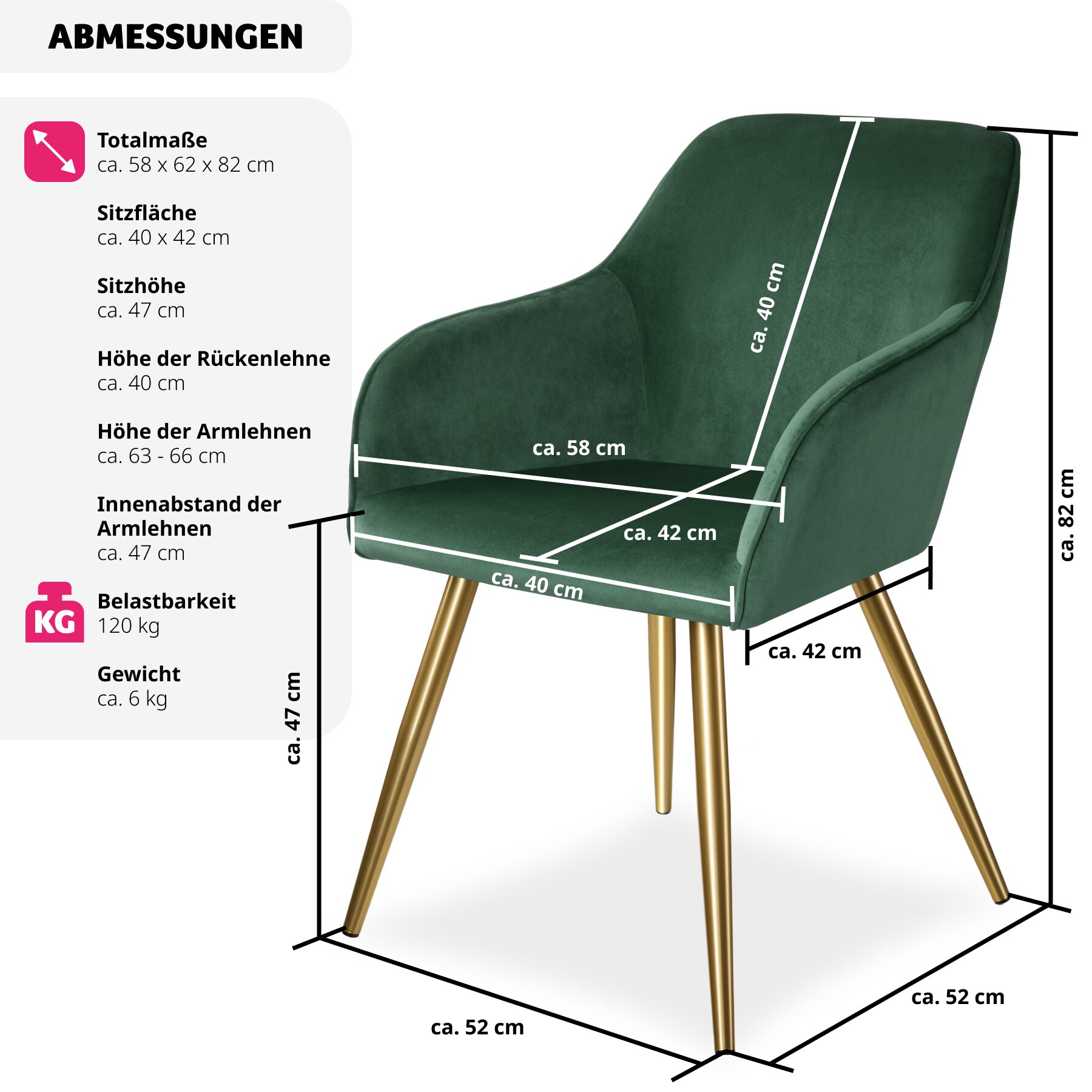 tectake® Esszimmerstuhl, gepolstert, in Samtoptik, goldene Stahlbeine, 58 x 62 x 82 cm