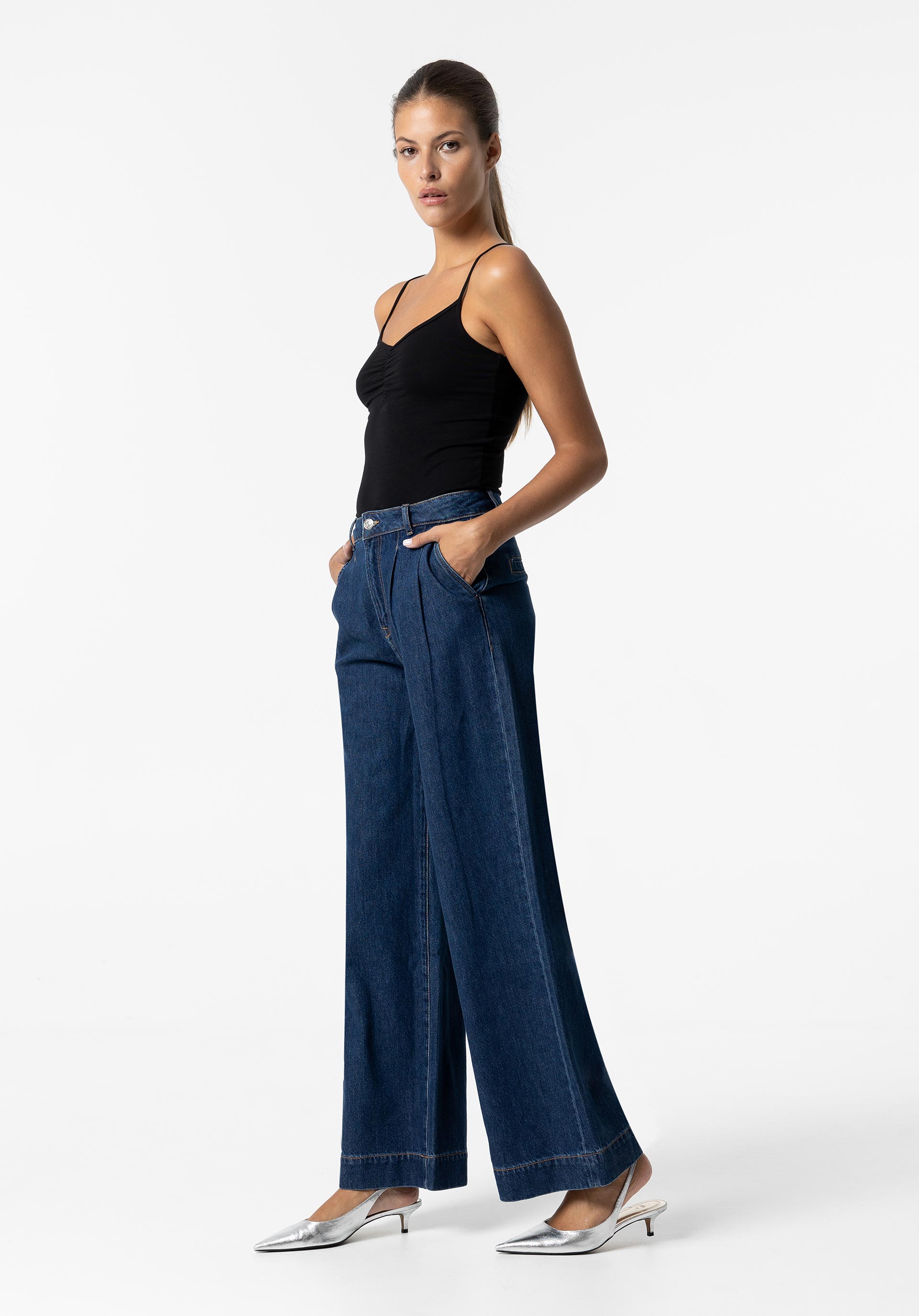 Jeans Tailored Wide Leg Cintura Alta