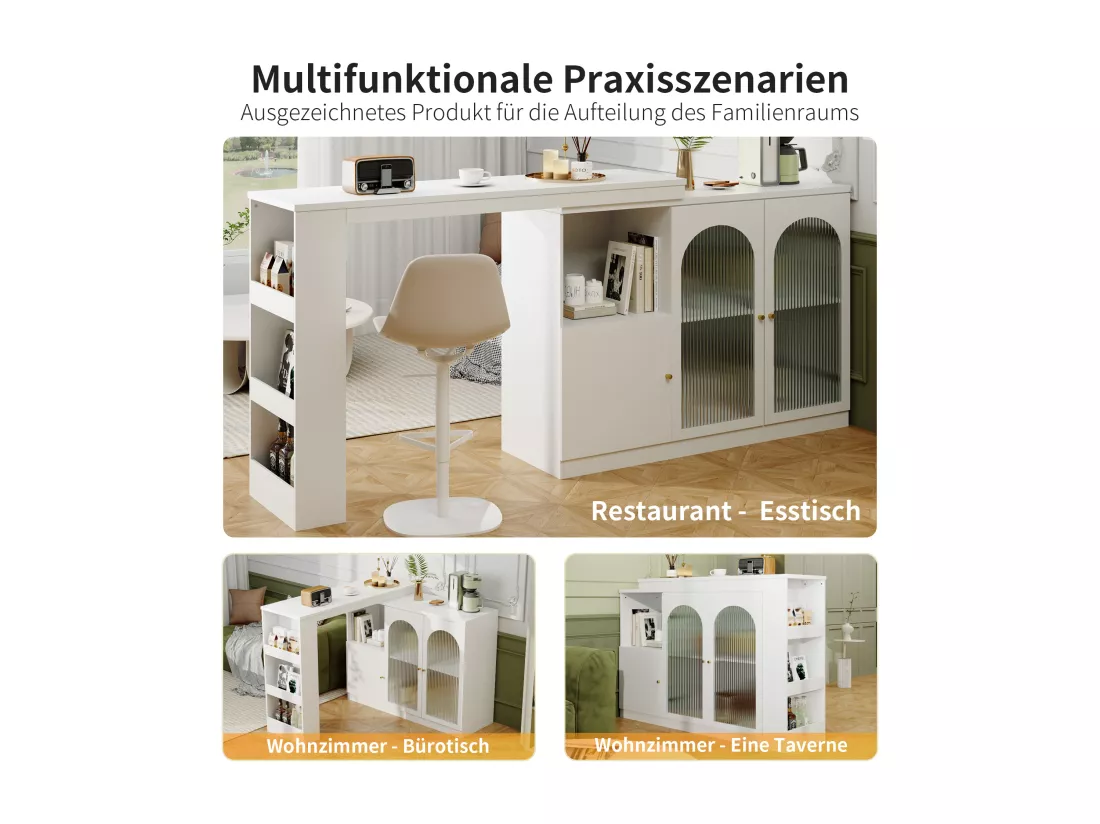 Meuble de bar pivotant - 3 portes et étagères de rangement - Bois MDF et verre - pour salle à manger ou salon - Blanc