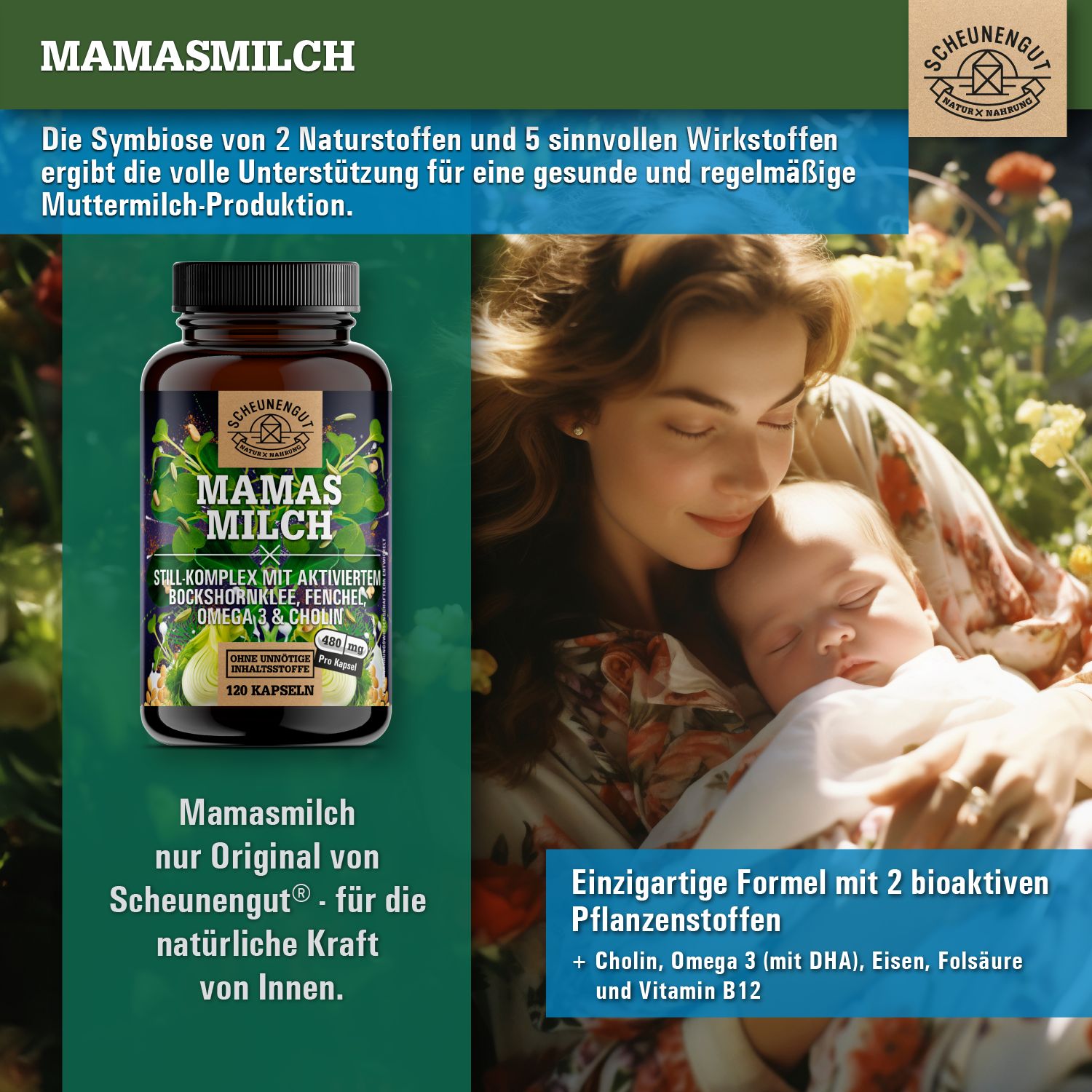 Scheunengut® MAMASMILCH | Still-Komplex mit Bockshornklee, Fenchel, Omega 3, DHA, Folsäure & Cholin