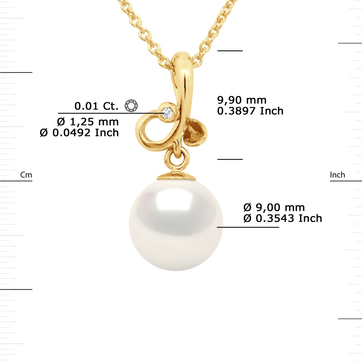 Pendentif TRIPLE NOEUD - Véritable Perle de Culture d'Eau Douce Ronde 9-10 mm - Blanc Naturel - Or Jaune