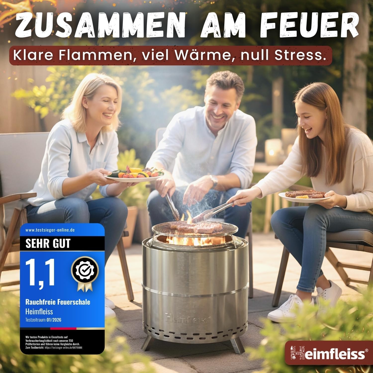 Heimfleiss® Rauchfreie Feuerschale Edelstahl Ø50cm | Feuerkorb mit Grillrost | Feuerschale Rauchfrei für Garten, Camping, Balkon & Terrasse | Rauchfreie Feuerstelle mit Grill | Feuertonne ohne Rauch