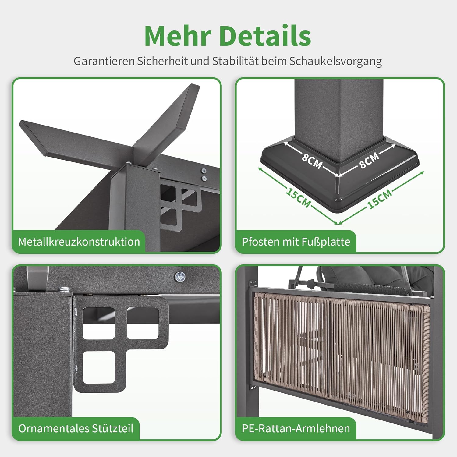 M MCombo 3-Sitzer Pergola Hollywoodschaukel mit Liegefunktion & Gartenpavillon, Gartenschaukel mit Ausziehbarem Sonnendach, 8CM Extradickem Sitzkissen & Silent-Haken, Schaukelbank 4067 (grau)