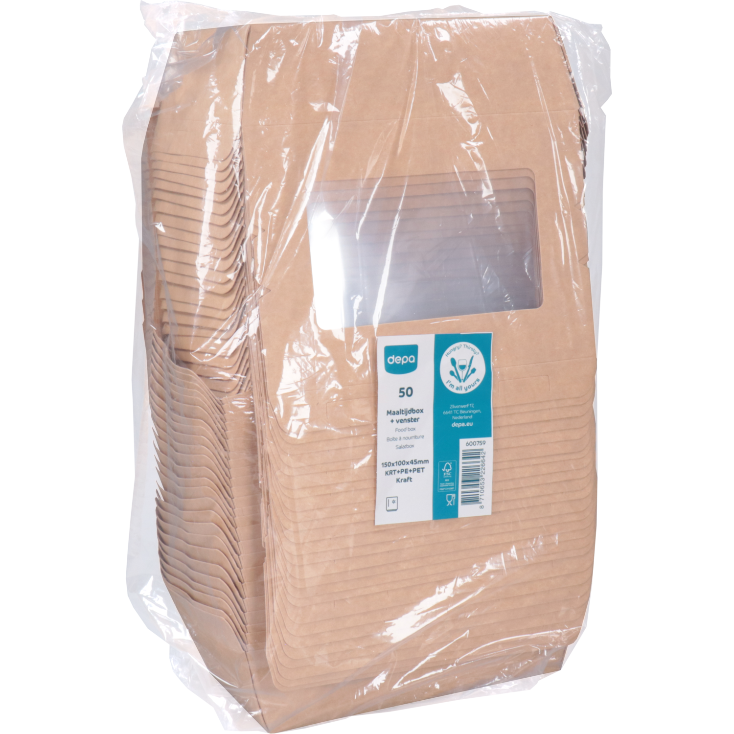 Depa Bak, Karton + PE + PET-coating, met venster, maaltijdbox, 150x100x45mm, bruin