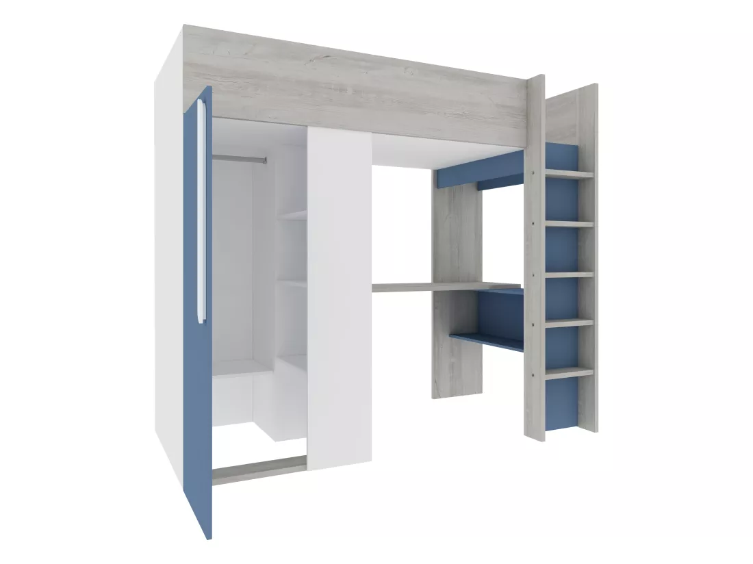 Lit mezzanine 90 x 200 cm avec armoire et bureau - Bleu et blanc + matelas - NICOLAS