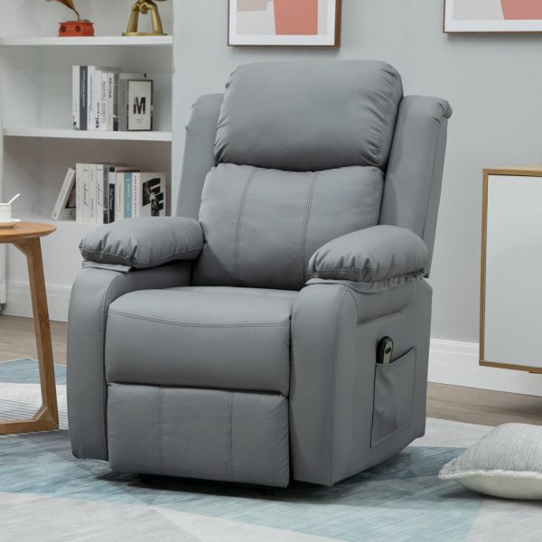 Homcom Poltrona Relax Levanta Pessoas com Controle Remoto Reclinação Elétrica de 160° Apoio para os Pés Encosto Estofado em Pu e Bolsos Laterais 76x90x105cm Cinza