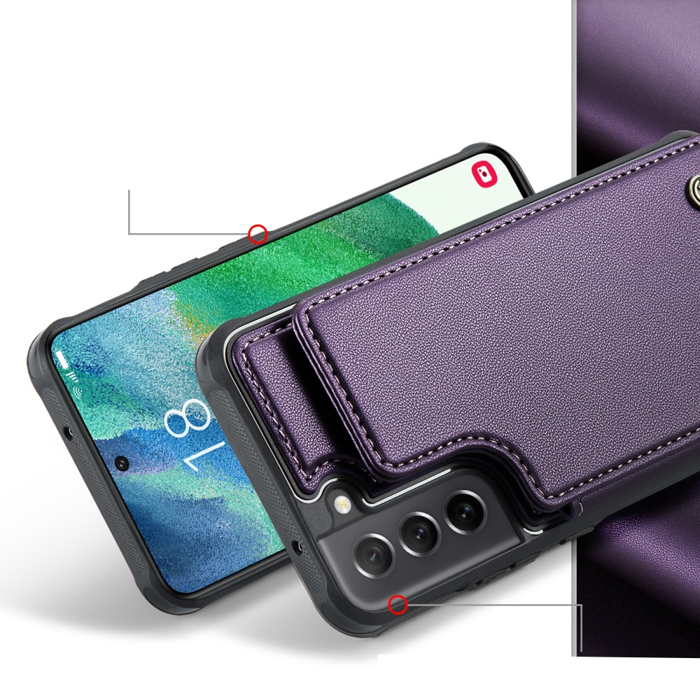 Samsung Galaxy S21 FE 5G Leder Hülle mit Kartenfächern im Litchi Look   Kickstand (RFID Schutz) - Lila