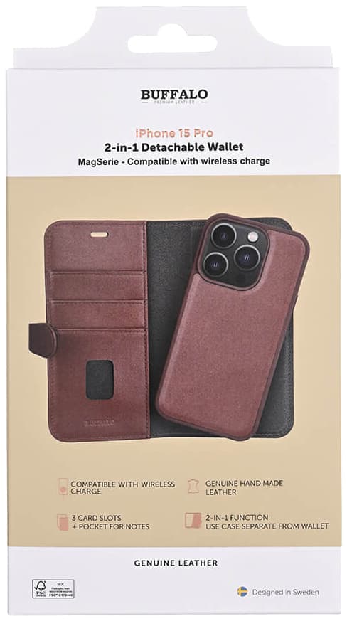 Buffalo iPhone 15 Pro 2in1 Leather MagSeries pungetui (brun)