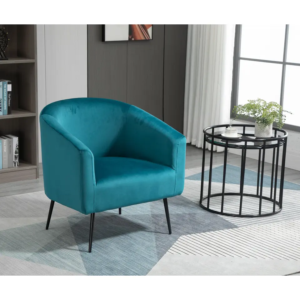 Salonstoel van metaal en eendblauw fluweel