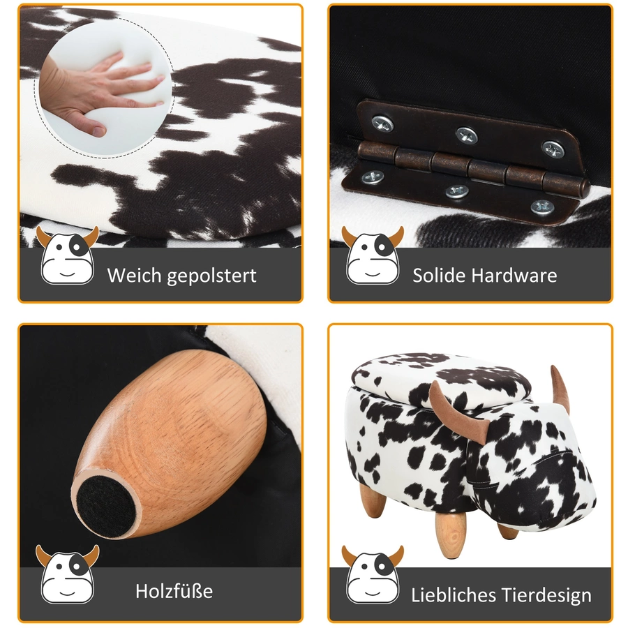 HOMCOM Kinderhocker im Kuh Design schwarz, weiß, natur