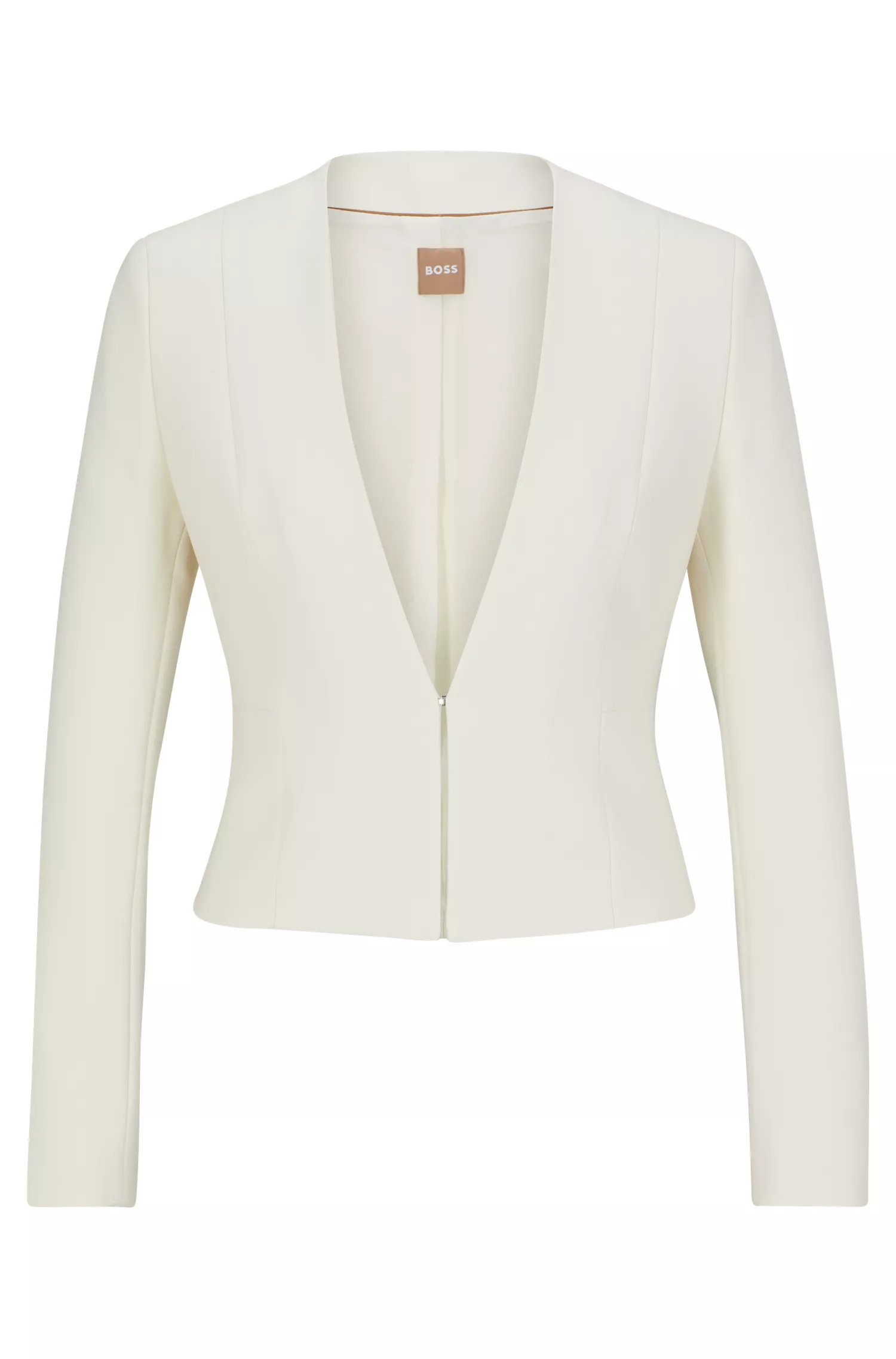 Jaqueta cropped BOSS preta, corte slim, sem gola.