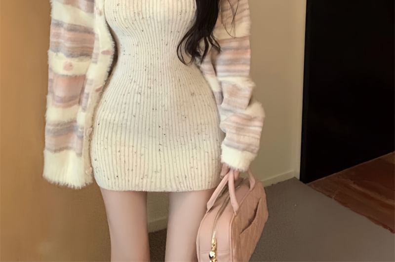 Letme - Gestreept hartknoopcardigan / Spaghettibandjes geribbelde mini-bodycon gebreide jurk