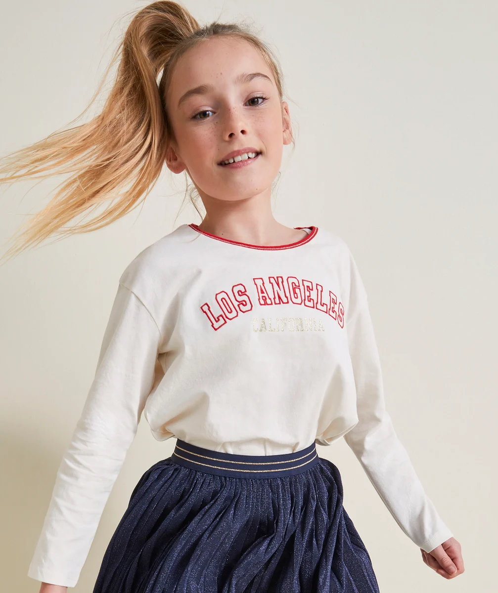 T-SHIRT MANCHES LONGUES FILLE EN COTON BIO ÉCRU THÈME LOS ANGELES