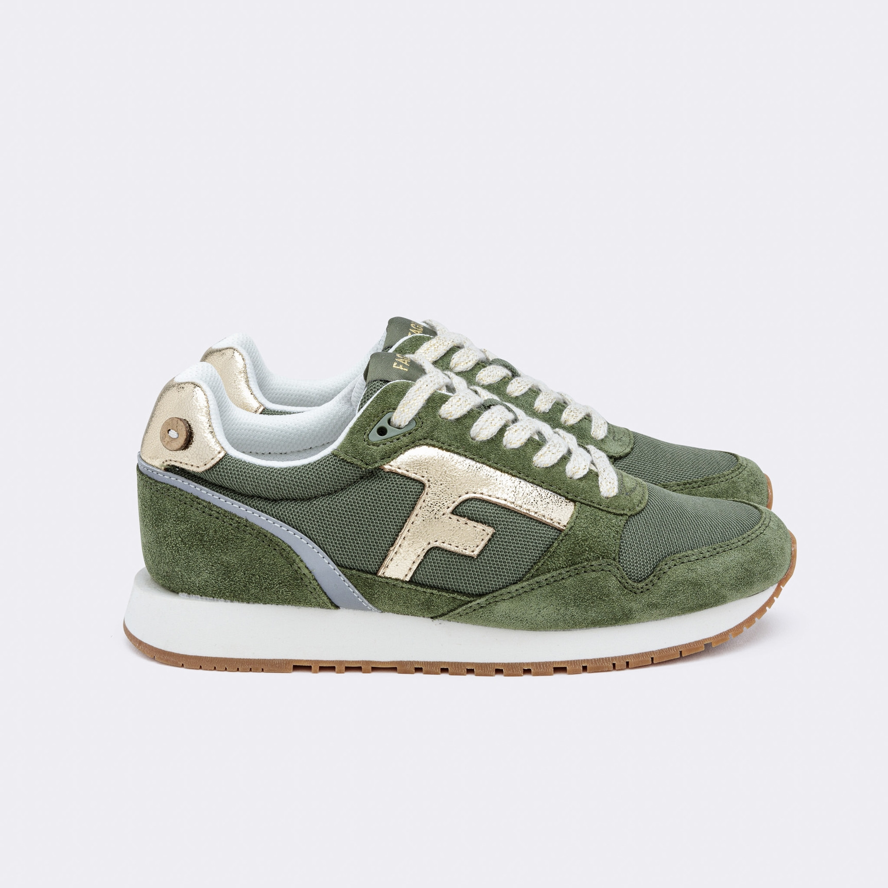 Runnings kaki & doré polyester recyclé et suède - modèle Elm