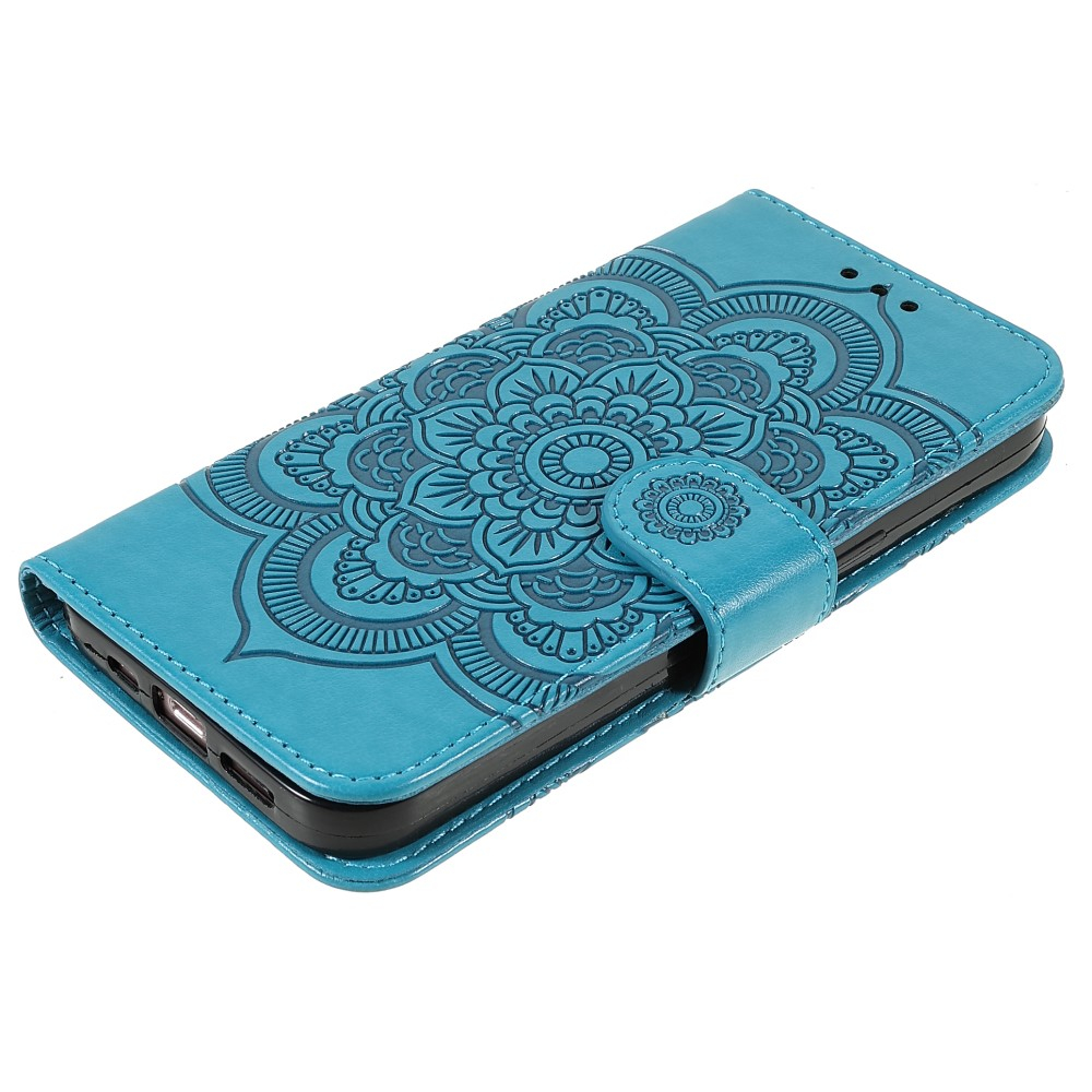 iPhone 13 Pro Leder Tasche Wallet - Mandala Flowers Imprint - Blau