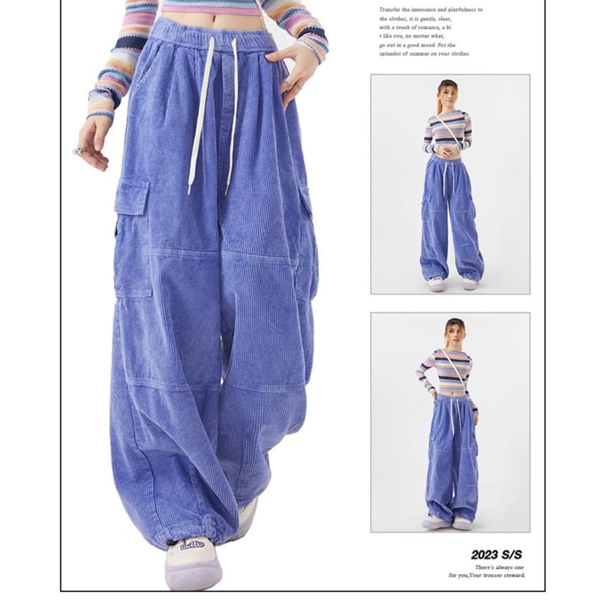 Vhancy - Corduroy cargobroek met lage taille en wijde pijpen