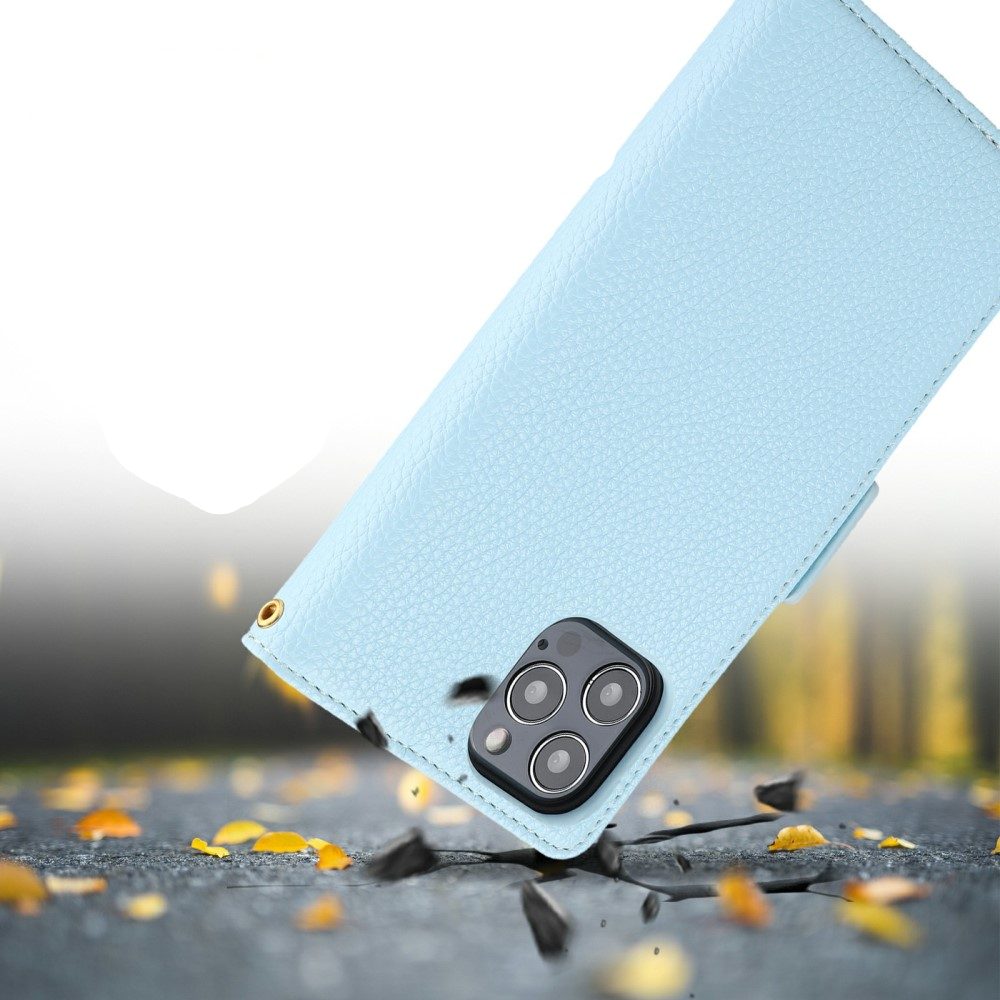 iPhone 12 / iPhone 12 Pro Leder Tasche Flip Cover Litchi Look mit Kartenfächern Geometrisches Design - Blau / Rosa / Weiss