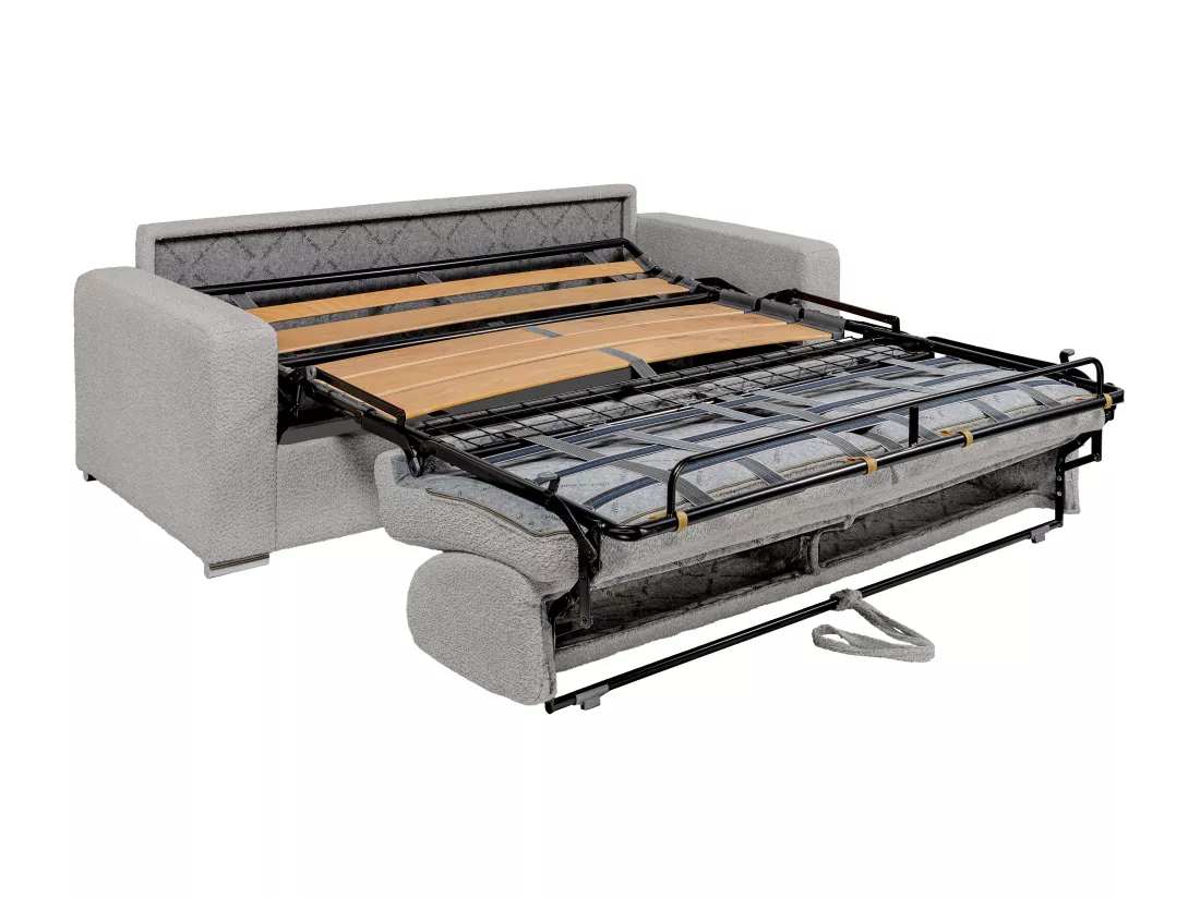 Canapé 4 places convertible express en tissu bouclette gris clair - Couchage lattes larges 160 cm - Matelas 14 cm CALITO