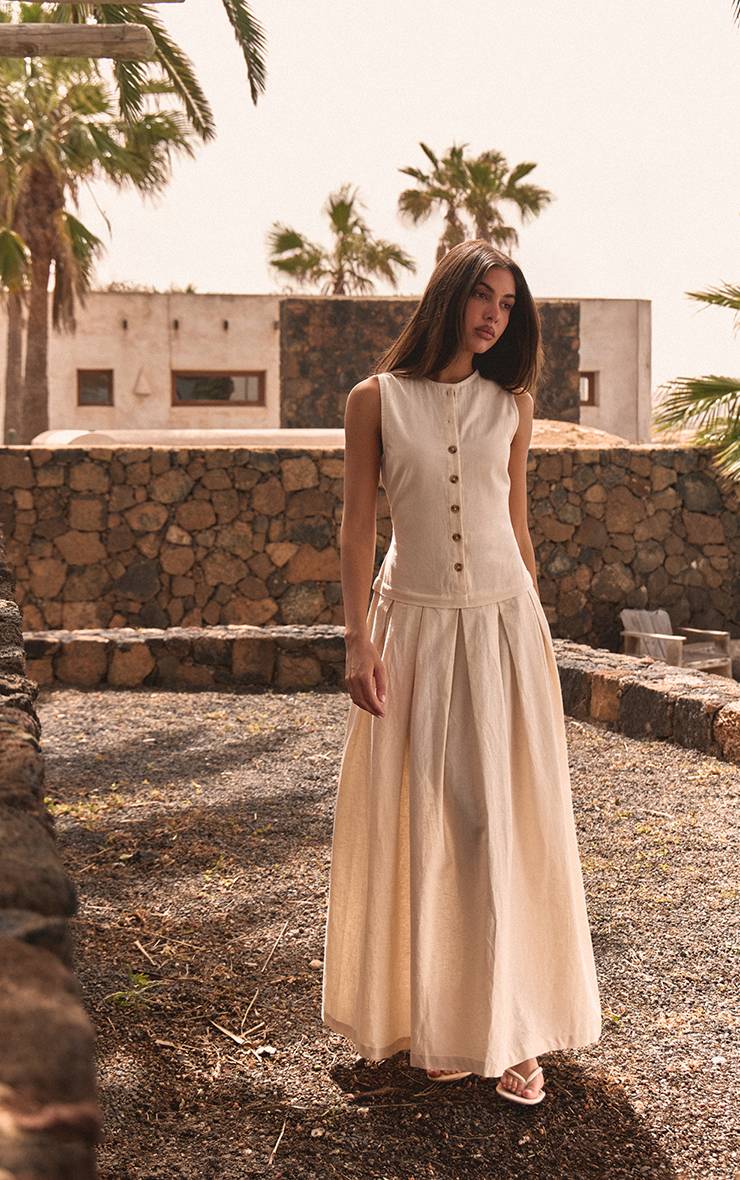 Naturel Robe Maxi À Taille Basse Boutonnée Aspect Lin
