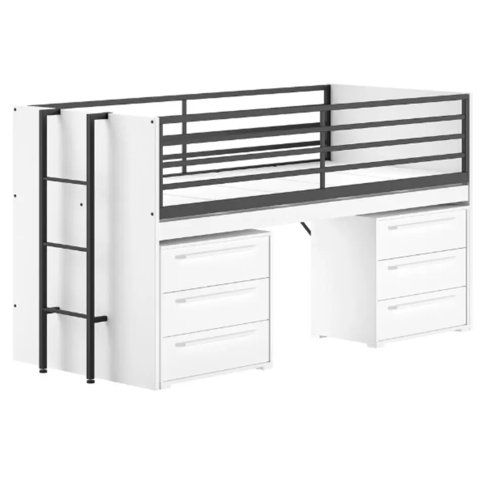Halfhoogslaper Sammie 90x200cm - met bureau en ladekasten - wit